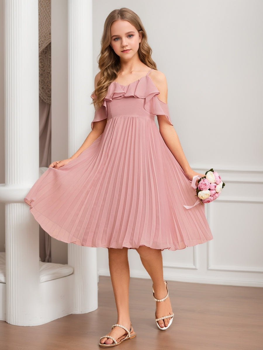 A-Line/Princess Cold Shoulder Short Sleeves Ruffles Junior Bridesmaid Dresses