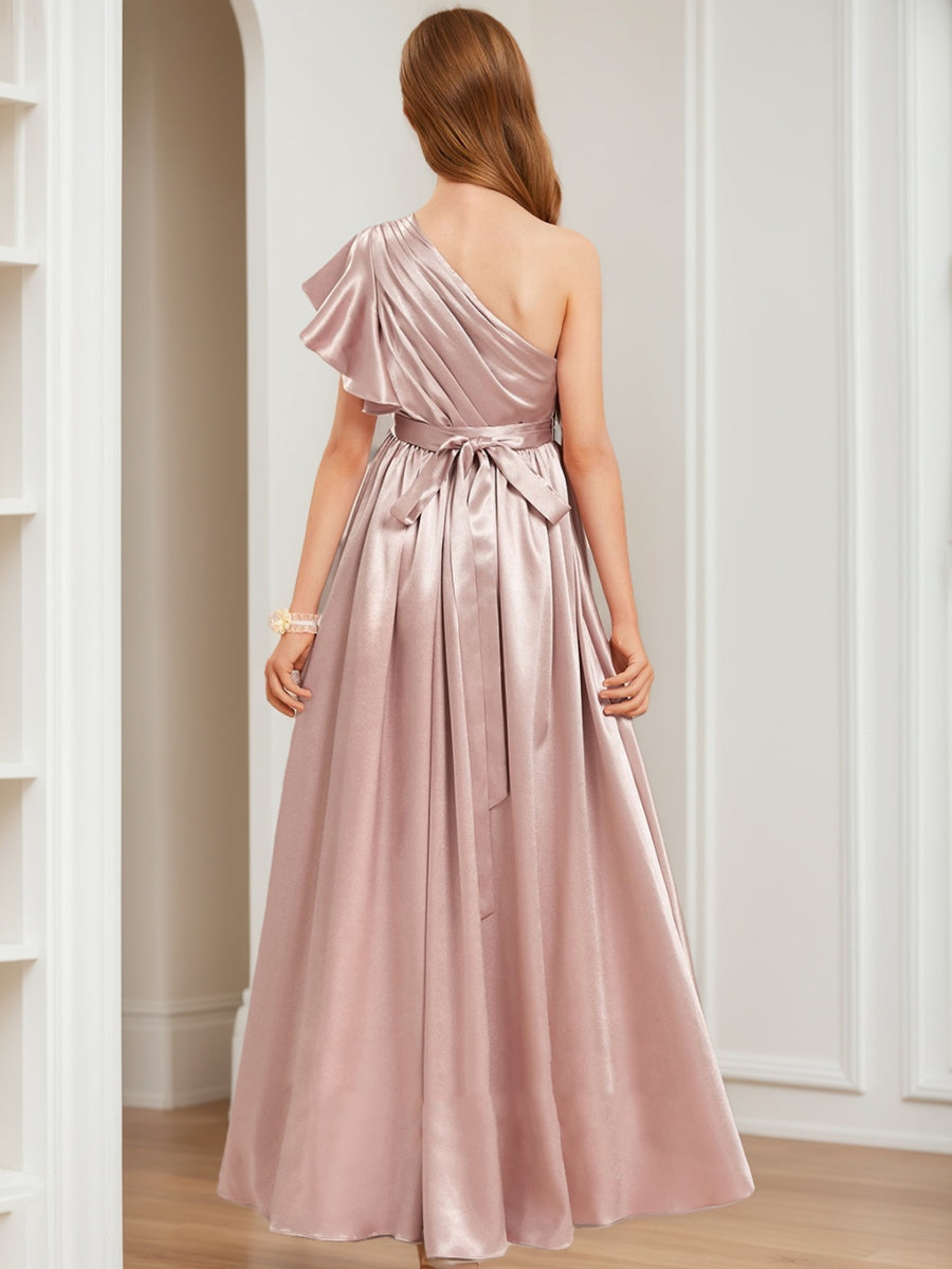 A-Line/Princess One-Shoulder Asymmetrical Pleats Junior Bridesmaid Dresses