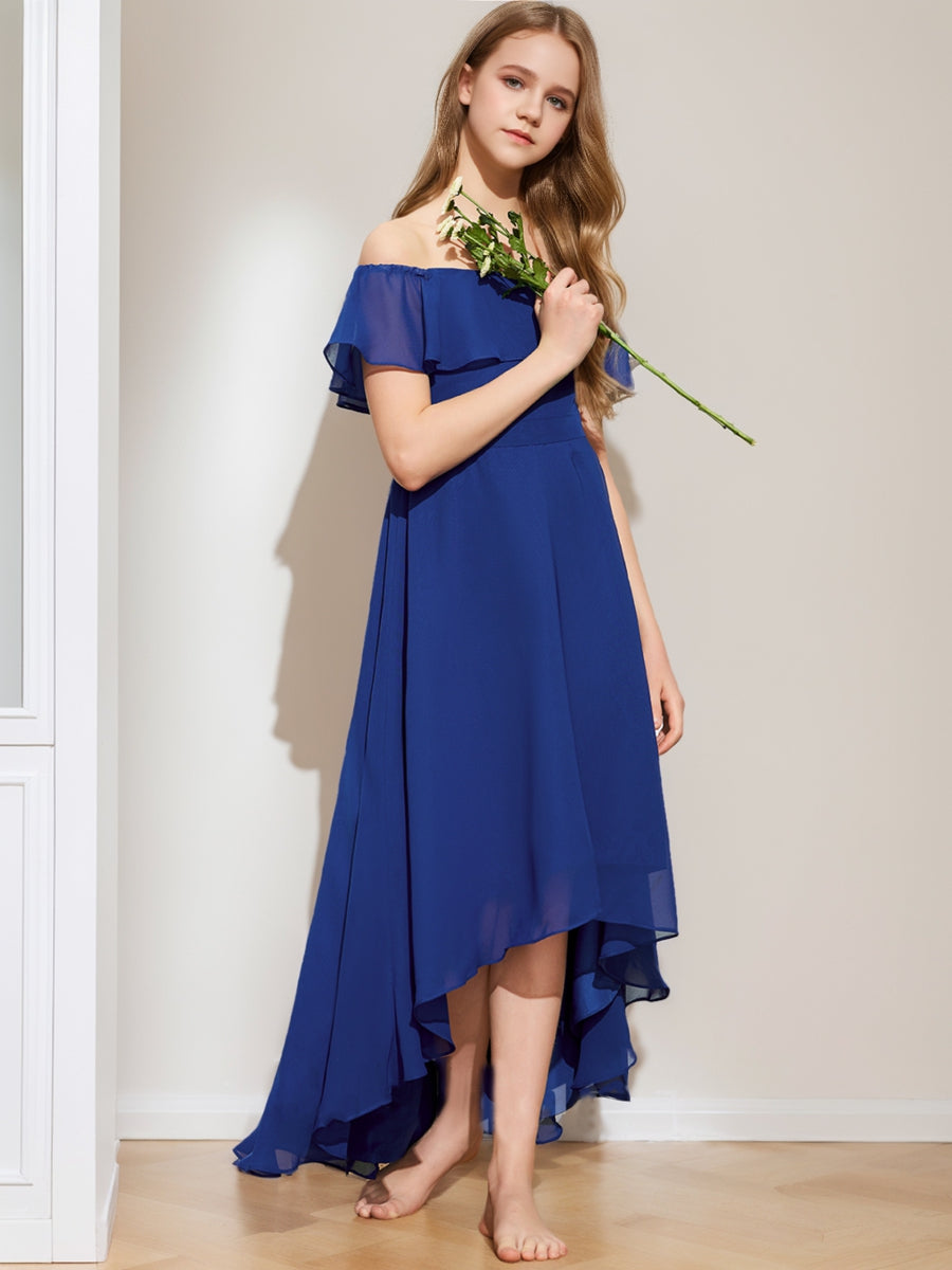 A-Line/Princess Off-the-Shoulder Short Sleeves Ruffles Junior Bridesmaid Dresses