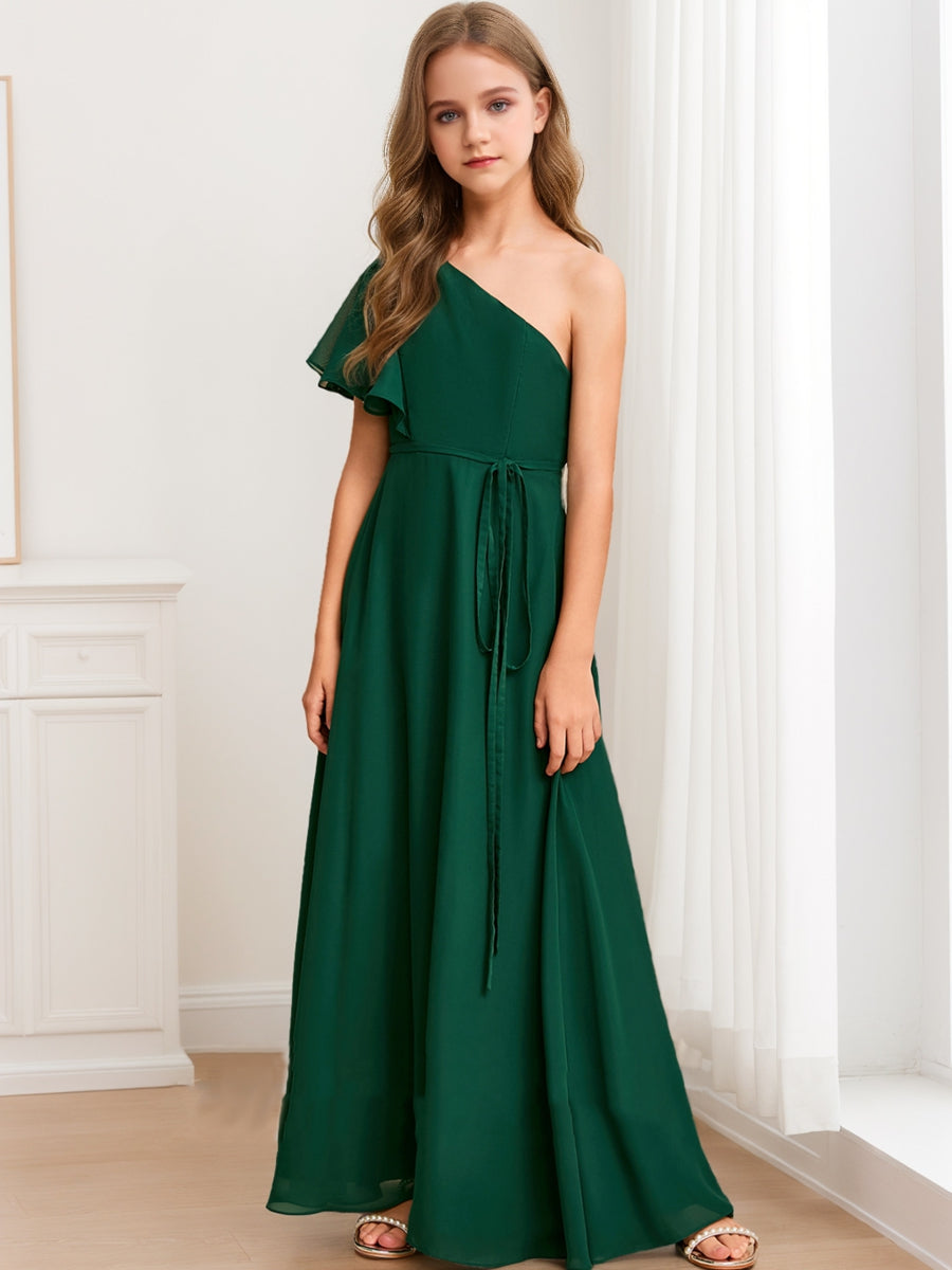 A-Line/Princess One-Shoulder Asymmetrical Belt Junior Bridesmaid Dresses