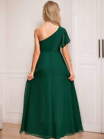 A-Line/Princess One-Shoulder Asymmetrical Belt Junior Bridesmaid Dresses