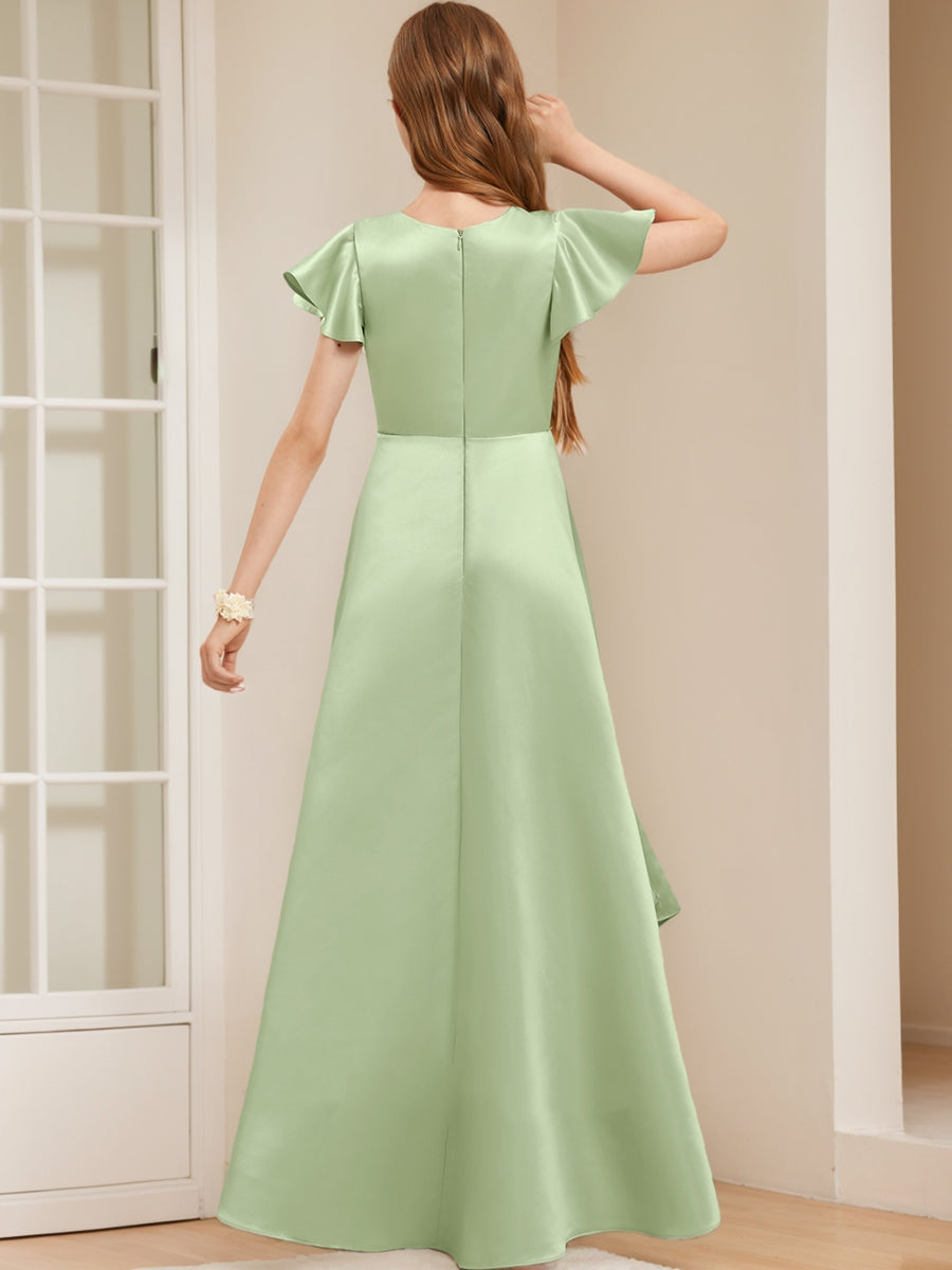 A-Line/Princess V-Neck Short Sleeves Ruffles Junior Bridesmaid Dresses