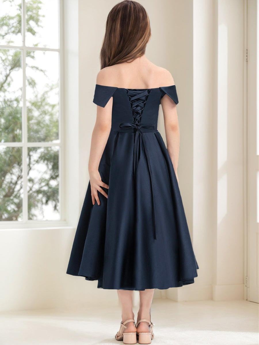 A-Line/Princess Off-the-Shoulder Short Sleeves Ruched Junior Bridesmaid Dresses