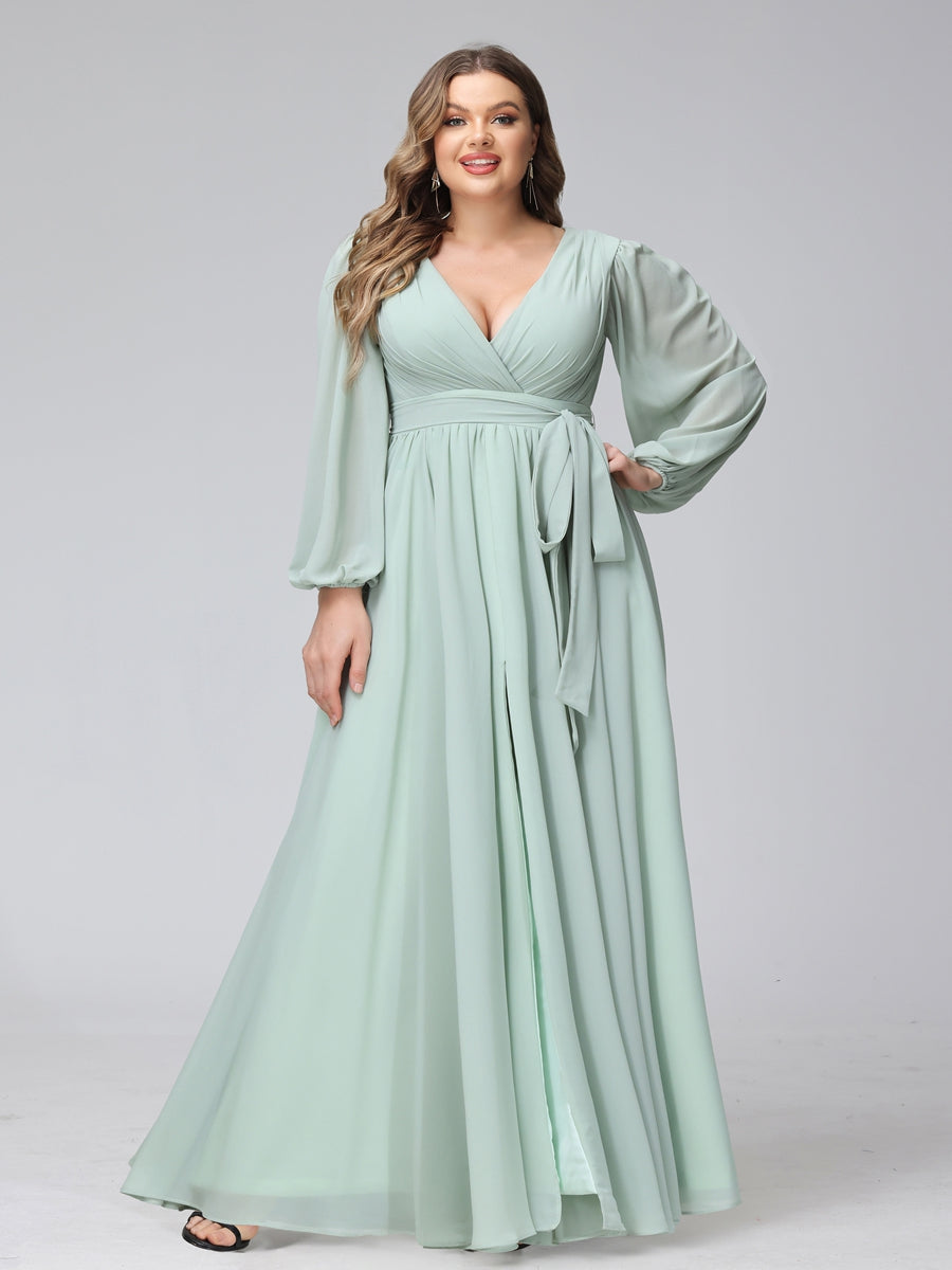 A-Line V-Neck Long Sleeves Chiffon Long Plus Size Bridesmaid Dresses With Ruffles Split Side