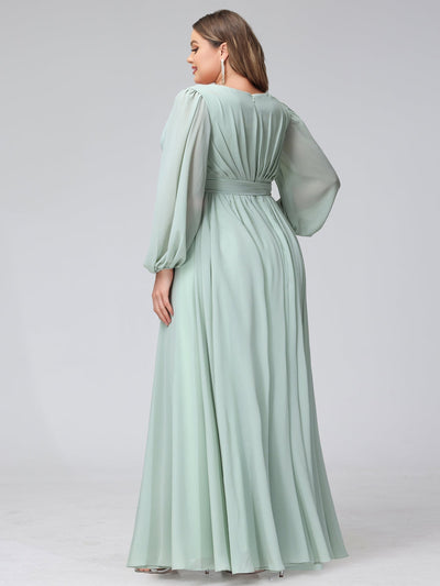 A-Line V-Neck Long Sleeves Chiffon Long Plus Size Bridesmaid Dresses With Ruffles Split Side