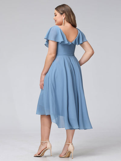 A-Line V-Neck Short Sleeves Asymmetrical Chiffon Plus Size Bridesmaid Dresses With Pockets