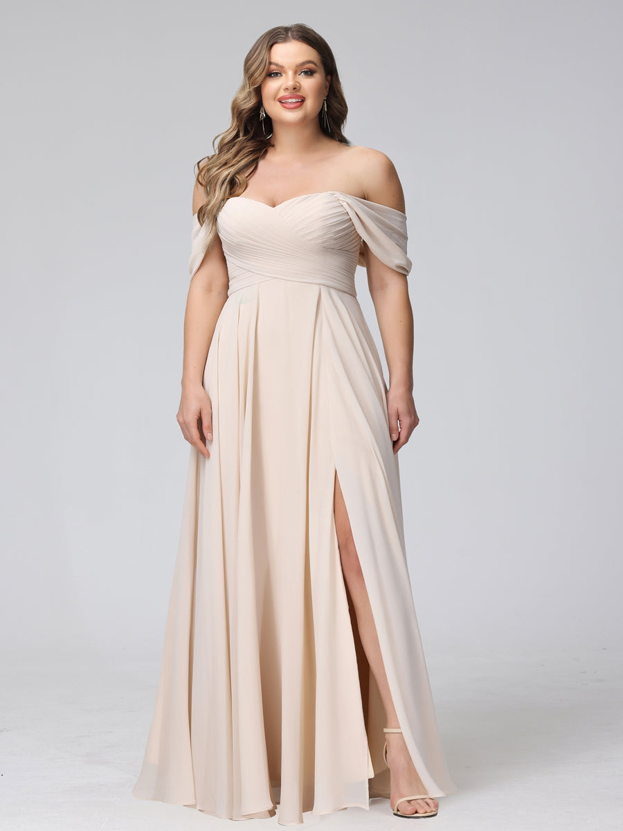 A-Line Off-the-Shoulder Sleeveless Ruched Long Chiffon Plus Size Bridesmaid Dresses with Split Side