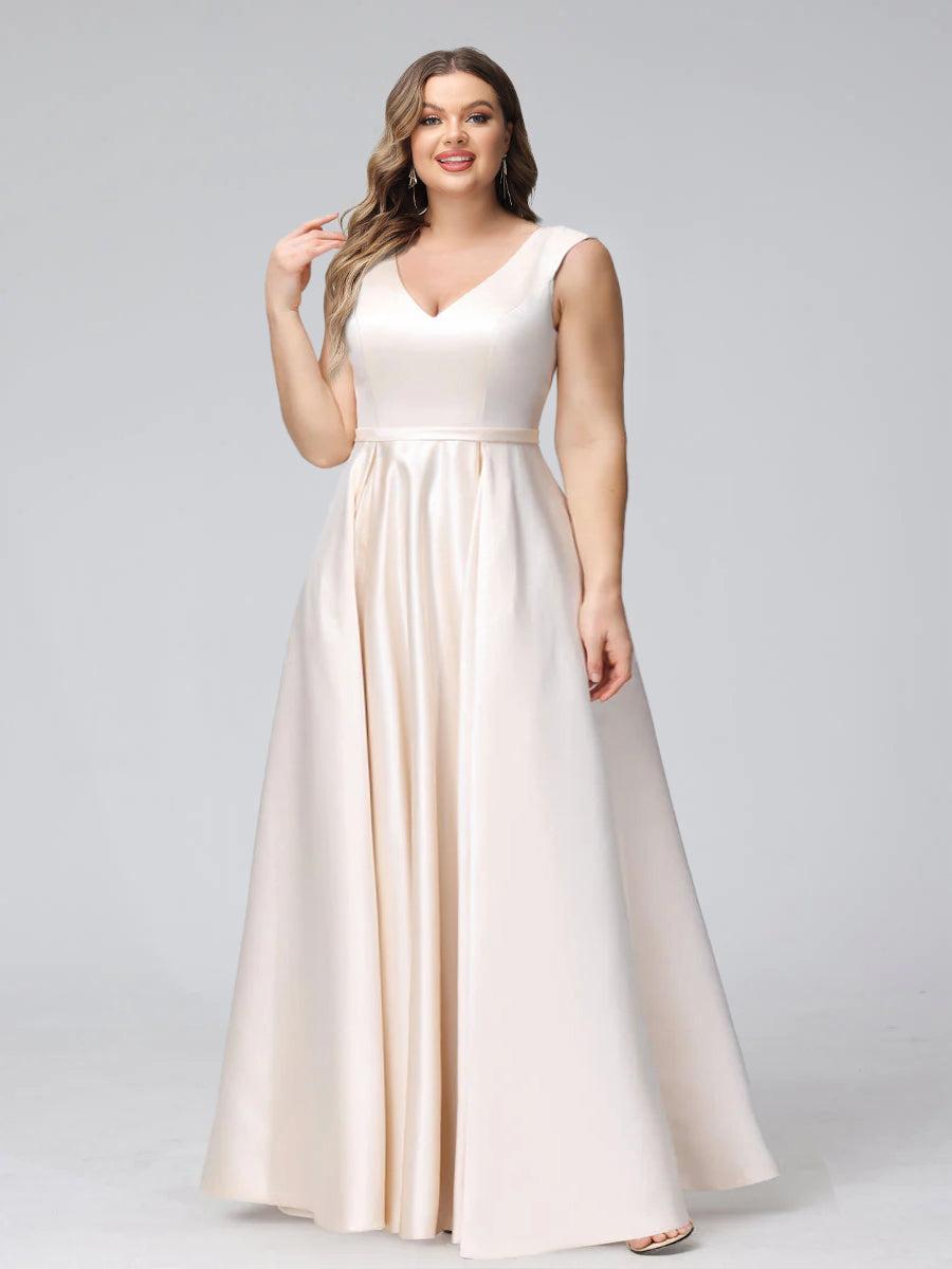 A-Line V-Neck Sleeveless Floor-Length Satin Plus Size Bridesmaid Dresses With Pockets