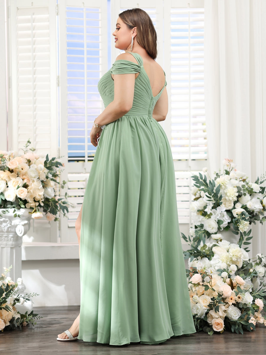 A-Line V-Neck Split Side Ruched Floor-Length Chiffon Plus Size Bridesmaid Dresses