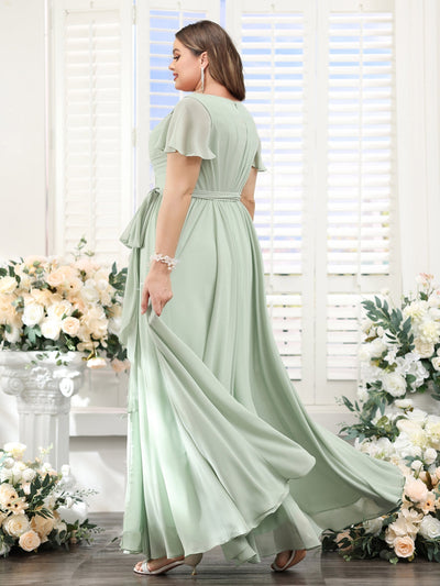 A-Line V-Neck Short Sleeves Split Side Ruched Floor-Length Chiffon Plus Size Bridesmaid Dresses