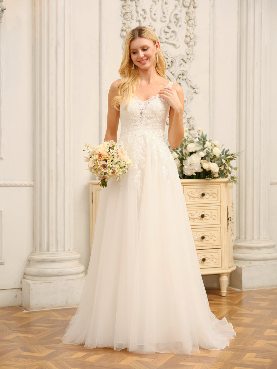 A-Line/Princess V-Neck Sleeveless Long Wedding Dresses with Appliques