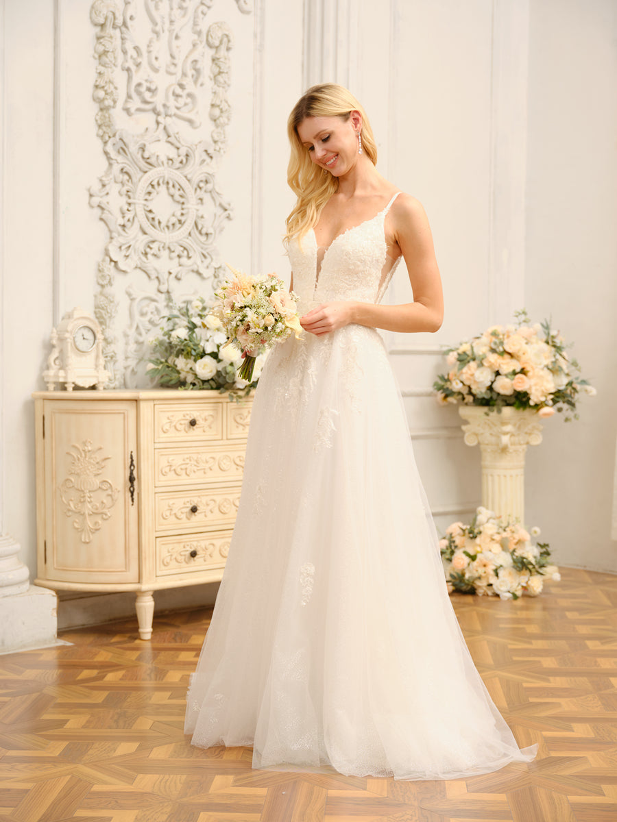 A-Line/Princess Spaghetti Straps Sleeveless Long Wedding Dresses with Appliques & Seuiqns