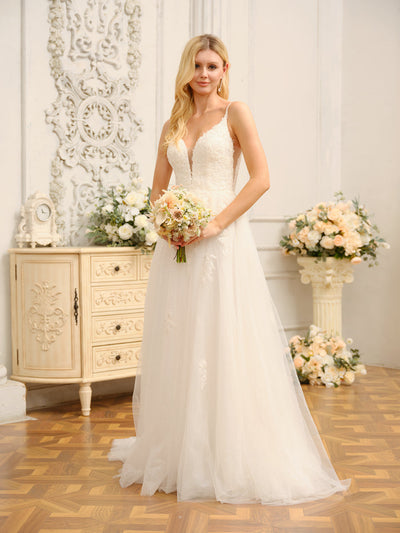 A-Line/Princess Spaghetti Straps Sleeveless Long Wedding Dresses with Appliques & Seuiqns