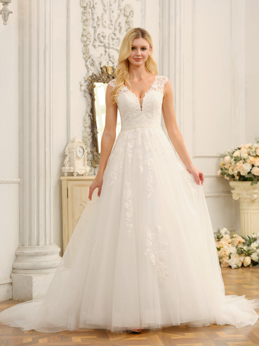 V-Neck Sleeveless Long Wedding Dresses with Appliques & Beading