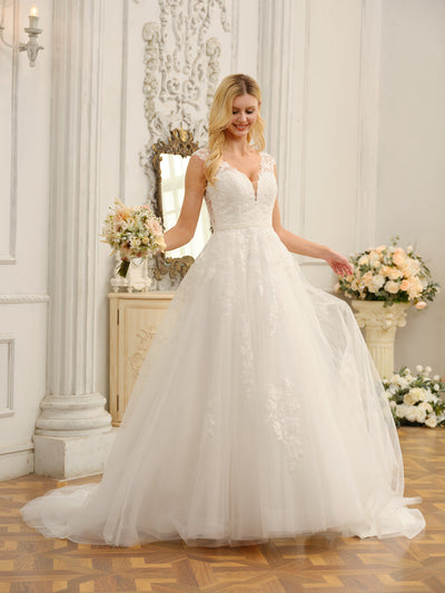 V-Neck Sleeveless Long Wedding Dresses with Appliques & Beading