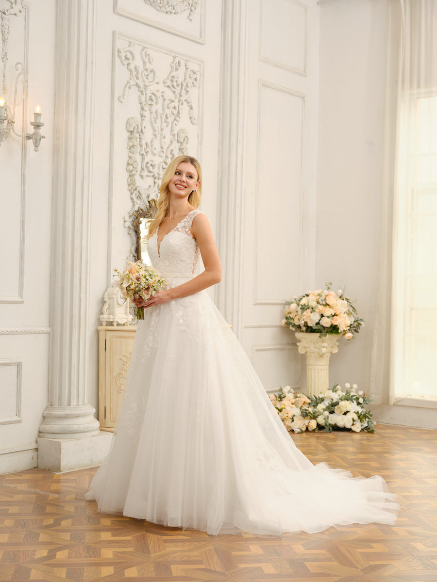 V-Neck Sleeveless Long Wedding Dresses with Appliques & Beading