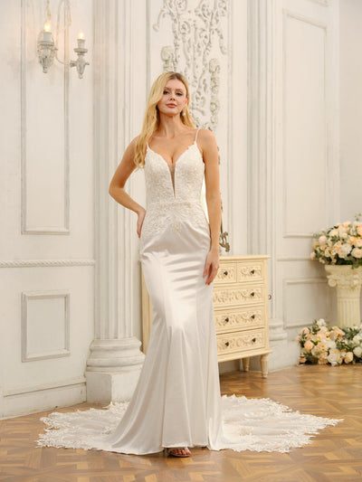 Trumpet/Mermaid Spaghetti Straps Sleeveless Long Wedding Dresses with Appliques