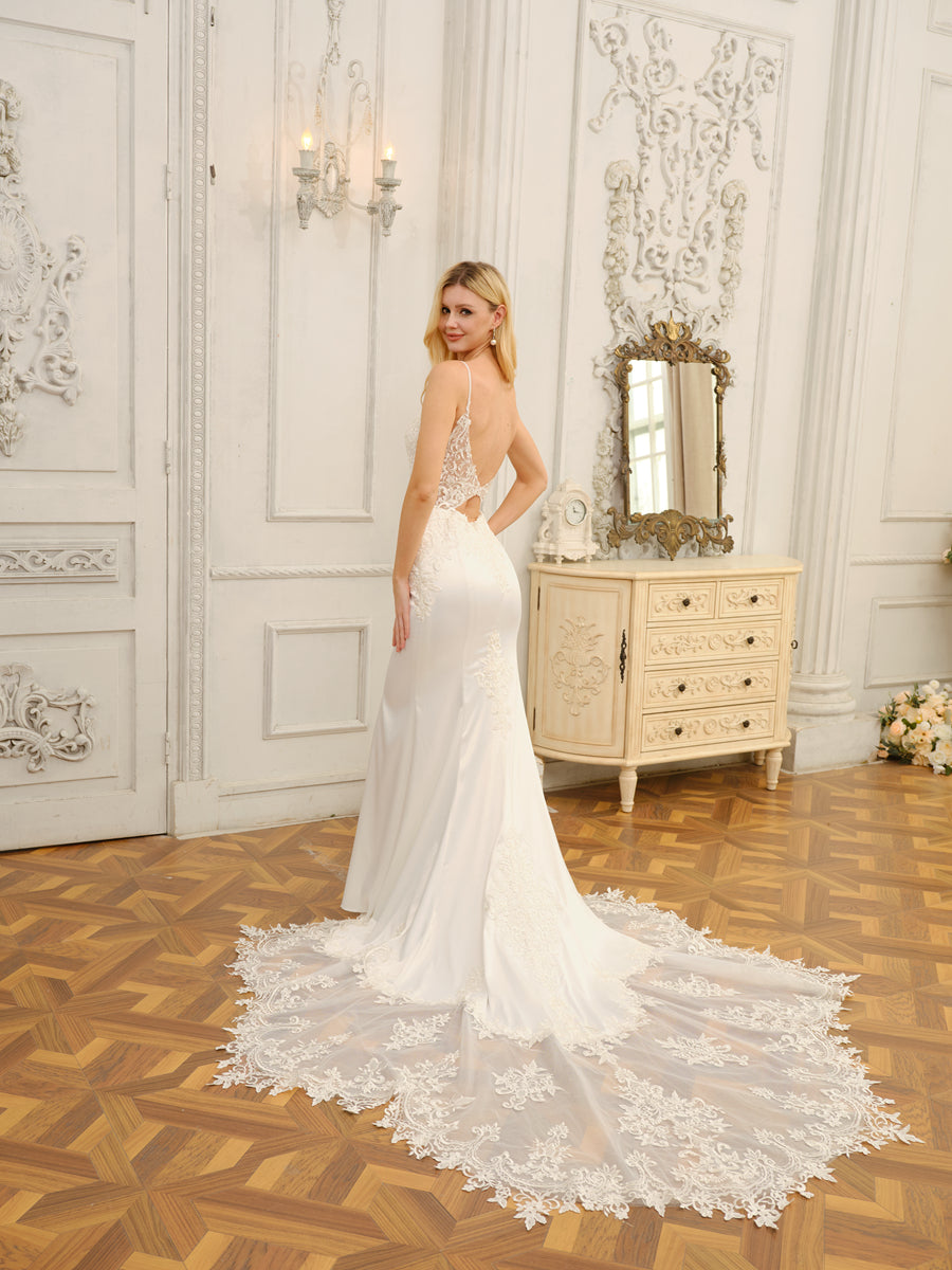 Trumpet/Mermaid Spaghetti Straps Sleeveless Long Wedding Dresses with Appliques