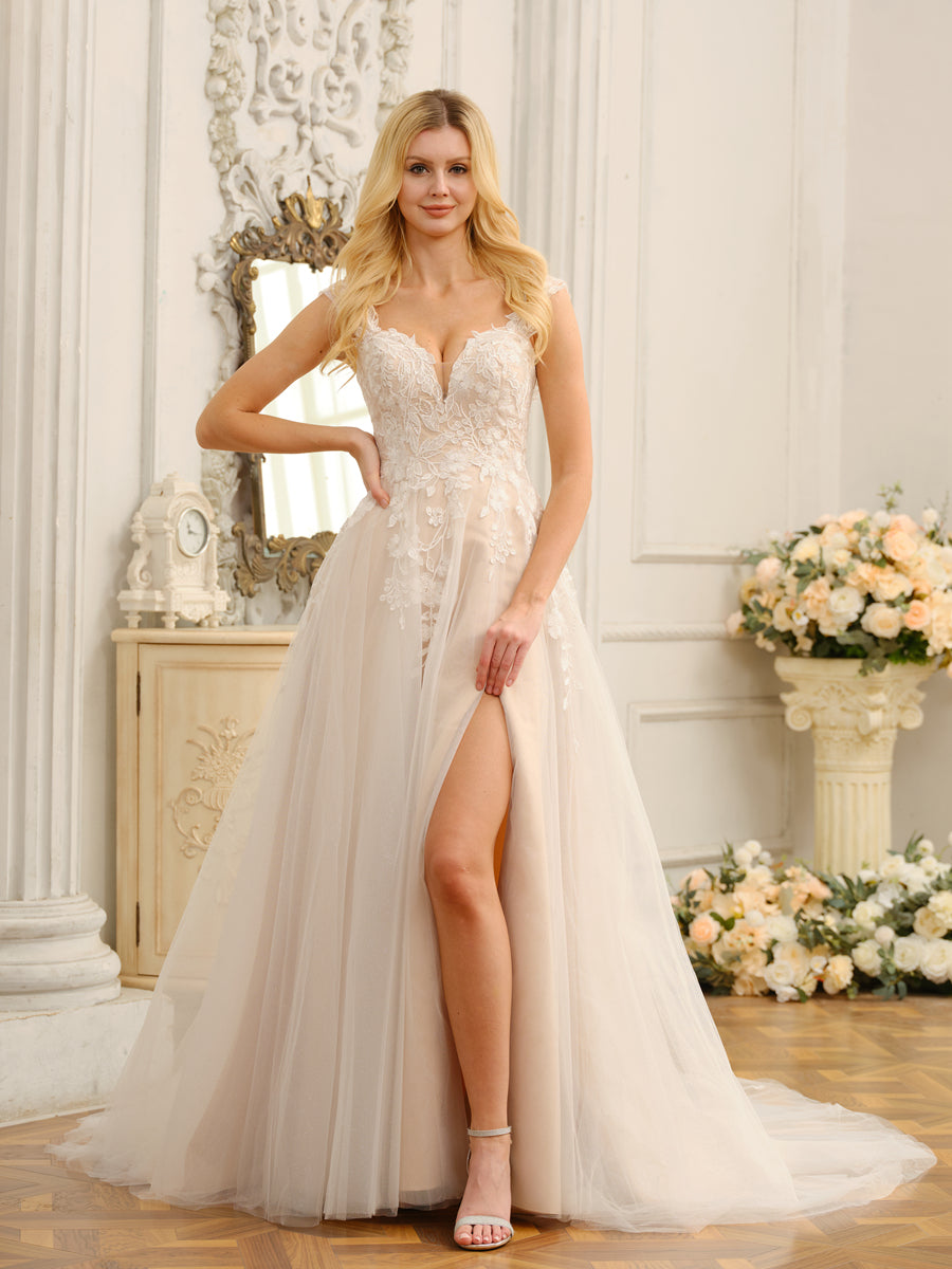 A-Line/Princess Sleeveless Long Wedding Dresses with Appliques & Split Side