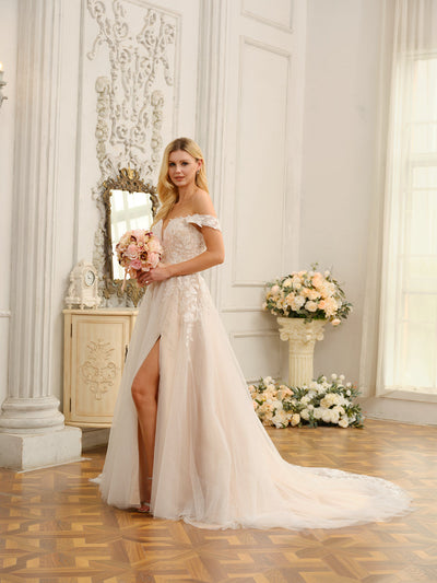 A-Line/Princess Sleeveless Long Wedding Dresses with Appliques & Split Side