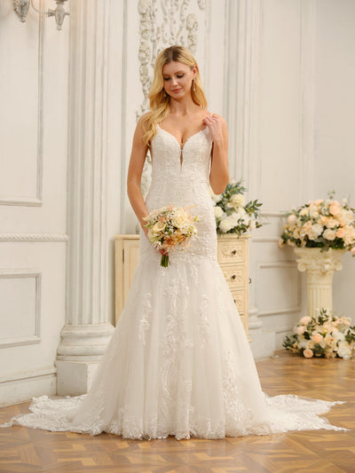 Trumpet/Mermaid Spaghetti Straps Sleeveless Long Wedding Dresses with Appliques