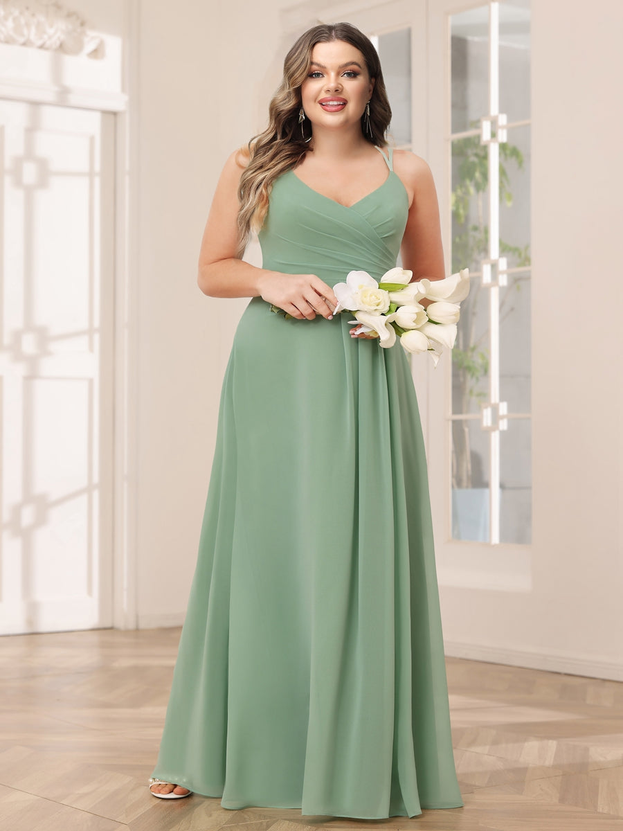 A-Line/Princess V-Neck Long Plus Size Bridesmaid Dresses with Ruched