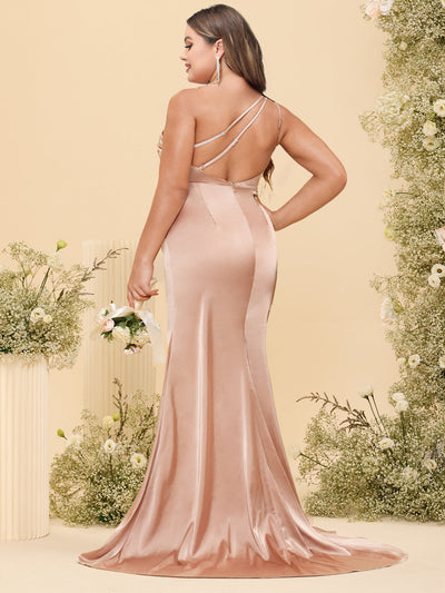 Sheath/Column One-Shoulder Long Formal Plus Size Bridesmaid Dresses with Split Side