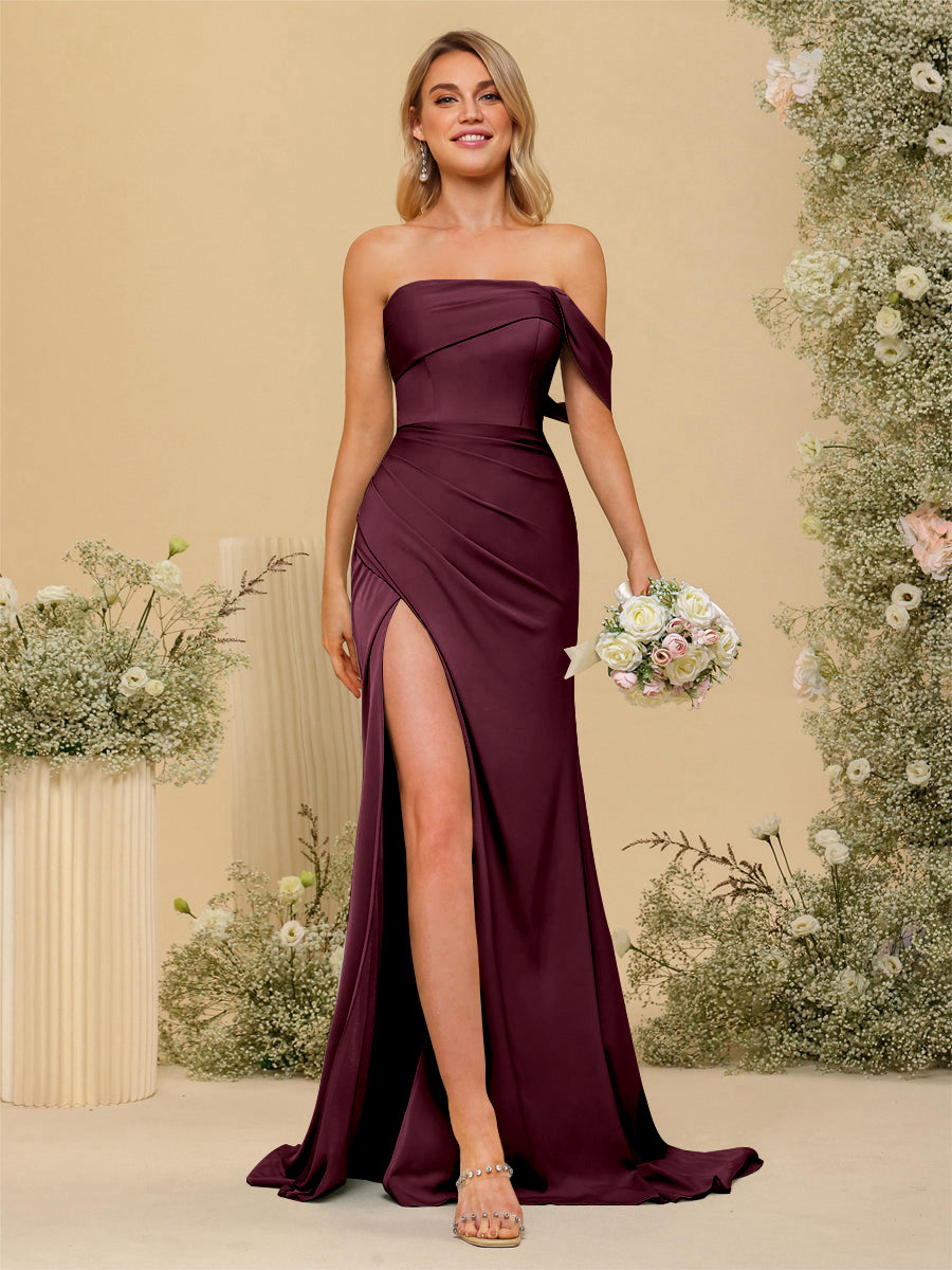 Sheath/Column Off-the-Shoulder Long Formal Dresses with Split Side