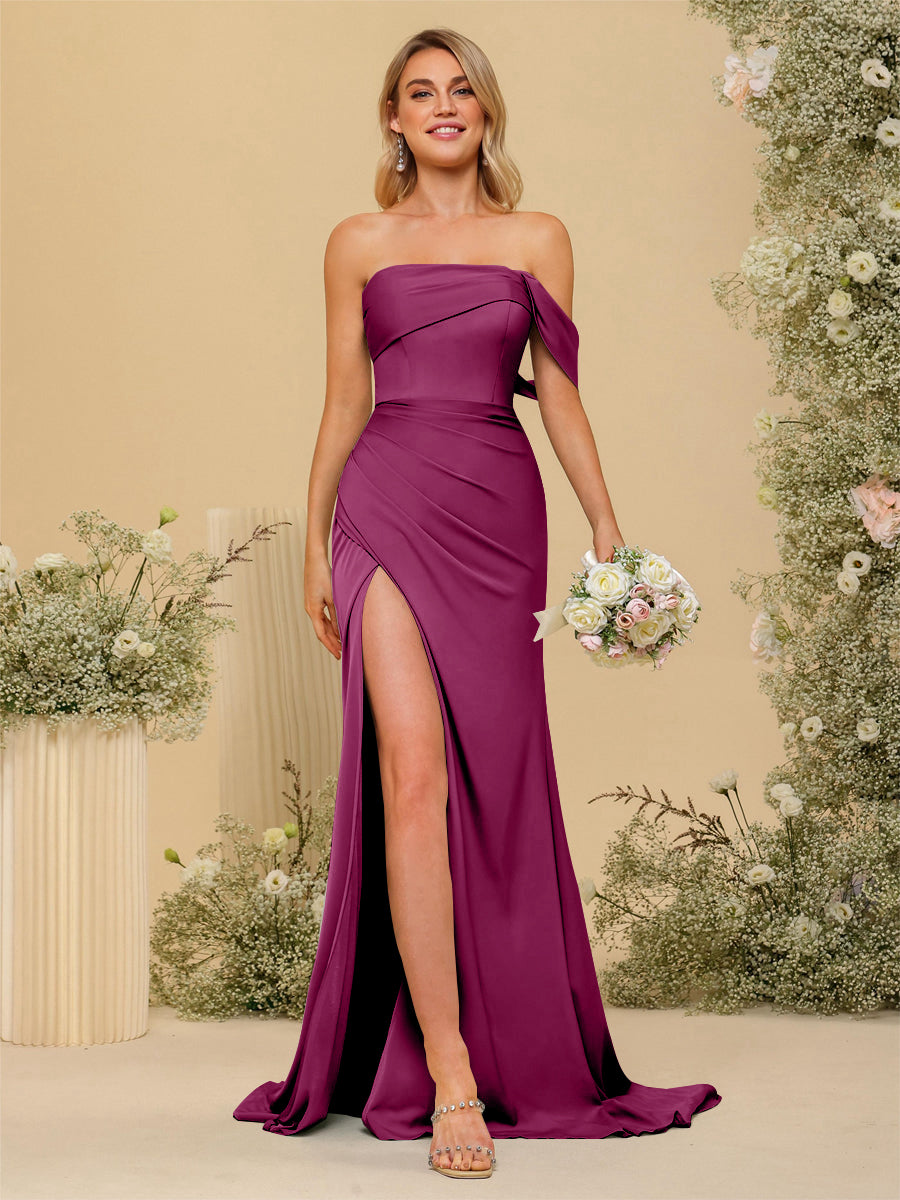 Sheath/Column Off-the-Shoulder Long Formal Dresses with Split Side