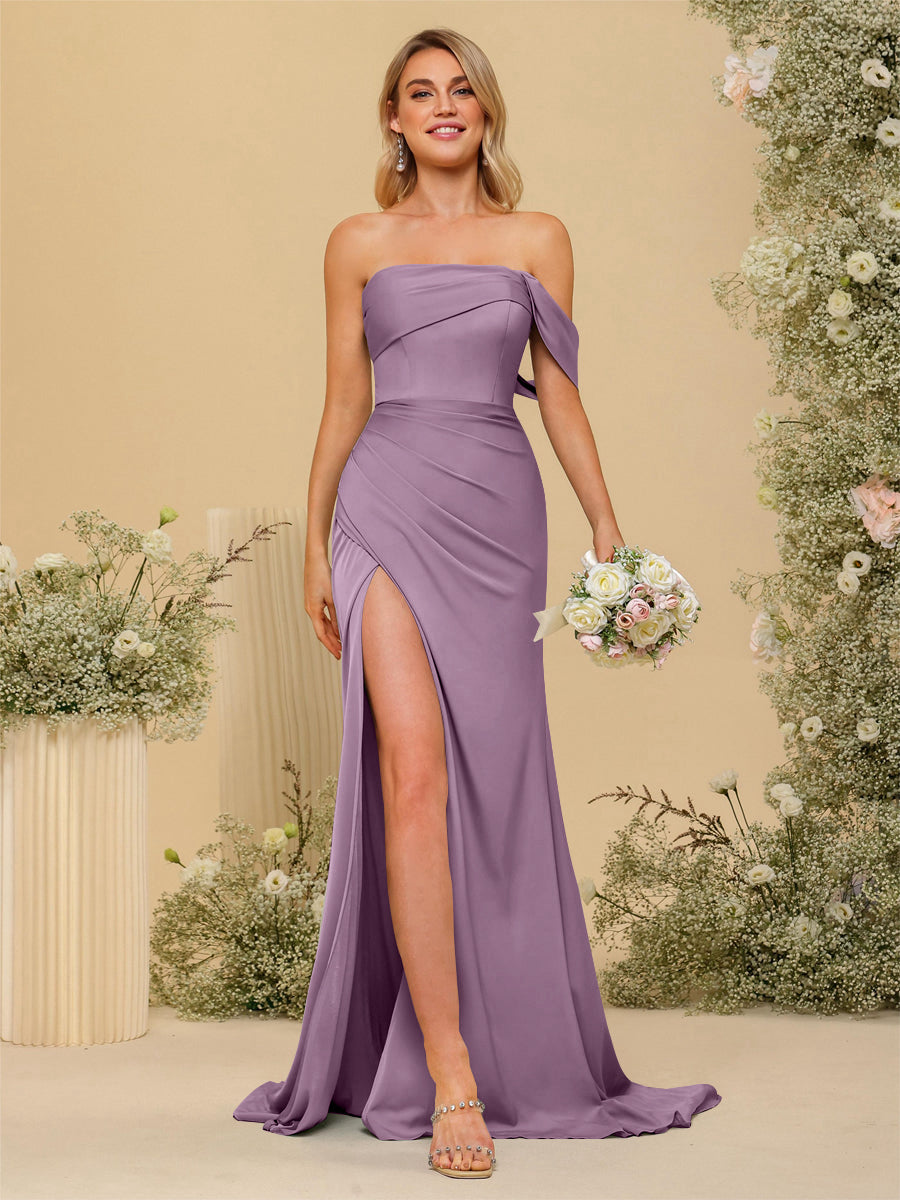 Sheath/Column Off-the-Shoulder Long Formal Dresses with Split Side