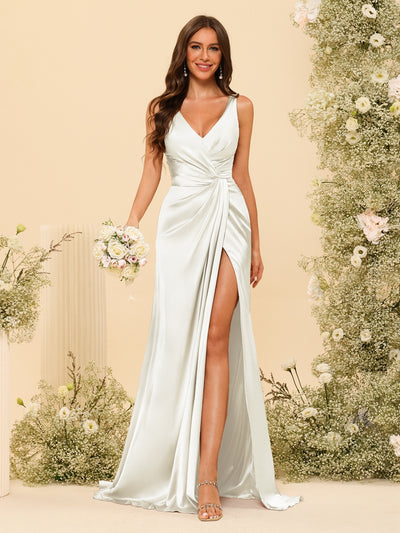 Sheath/Column V-Neck Long Formal Dresses with Split Side & Ruched