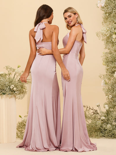 Sheath/Column Halter Sweetheart Long Formal Dresses with Split Side & Ruched