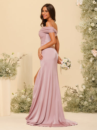 Sheath/Column Off-the-Shoulder Long Formal Dresses with Split Side & Ruched