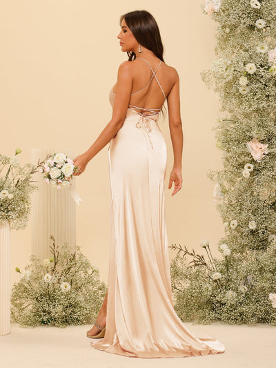 Sheath/Column Spaghetti Straps Long Formal Dresses with Split Side & Ruched