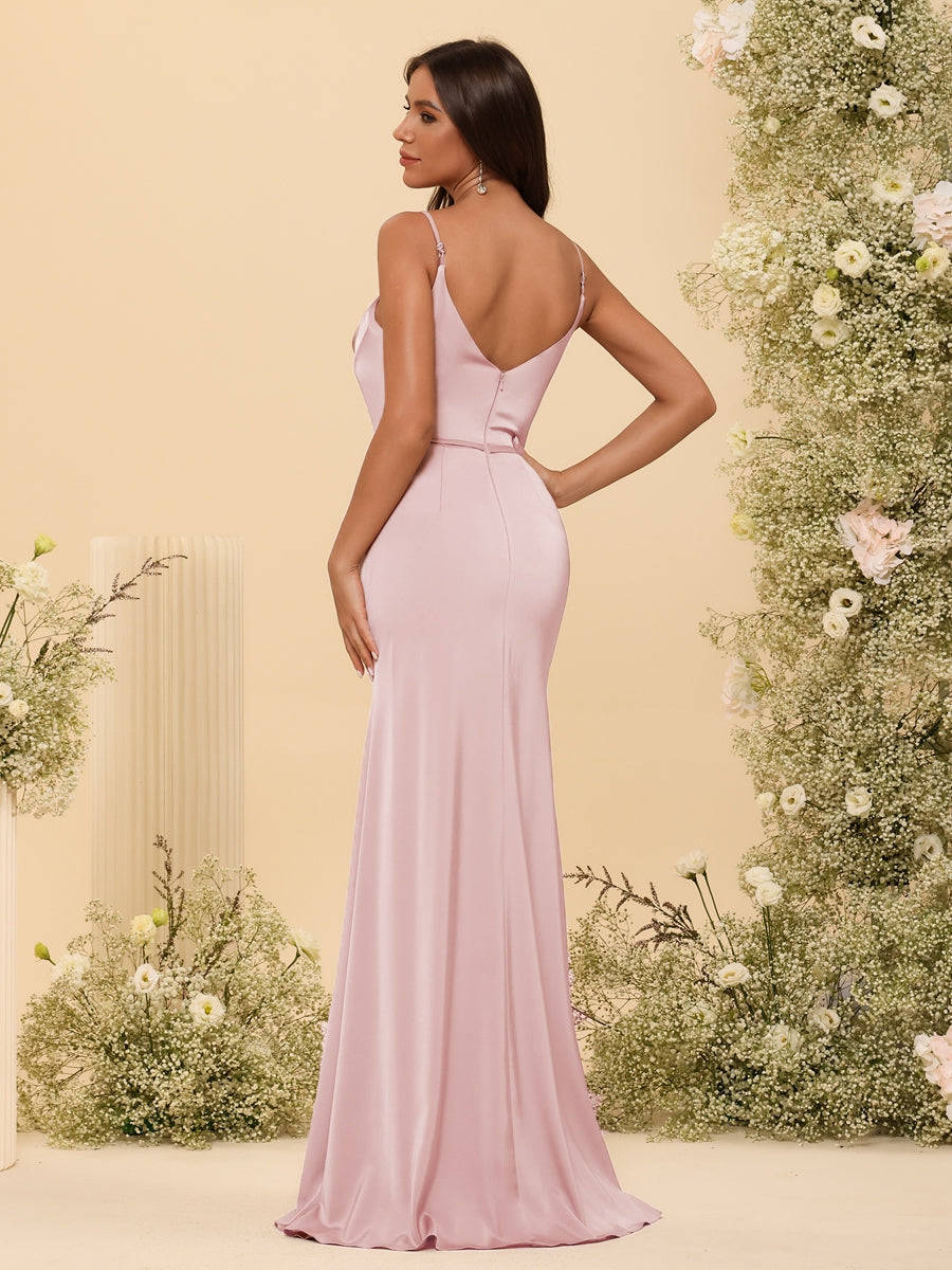 Sheath/Column Spaghetti Straps Long Formal Dresses with Split Side & Ruched