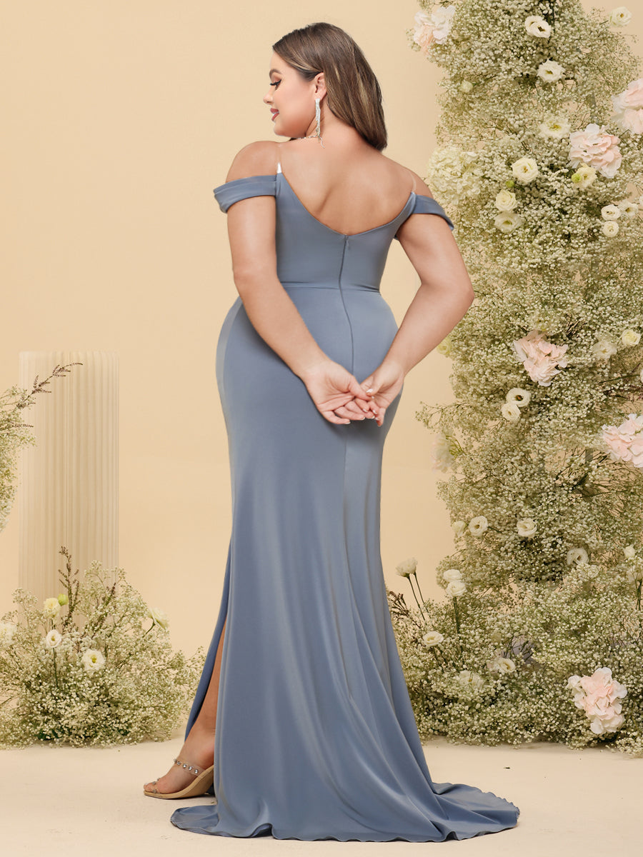 Sheath/Column Off-the-Shoulder Long Formal Plus Size Dresses with Split Side