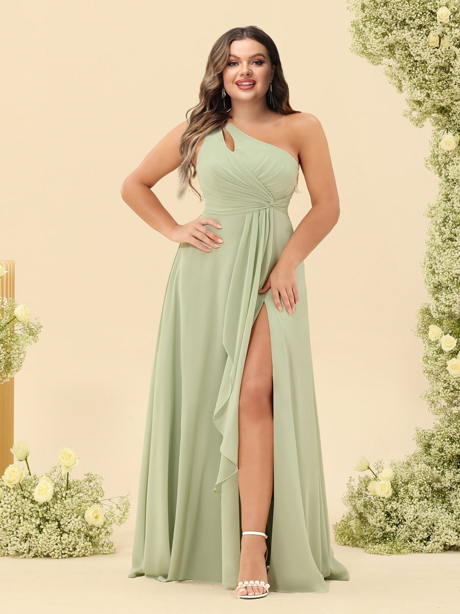 A-Line/Princess One-Shoulder Long Bridesmaid Plus Size Dresses with Split Side