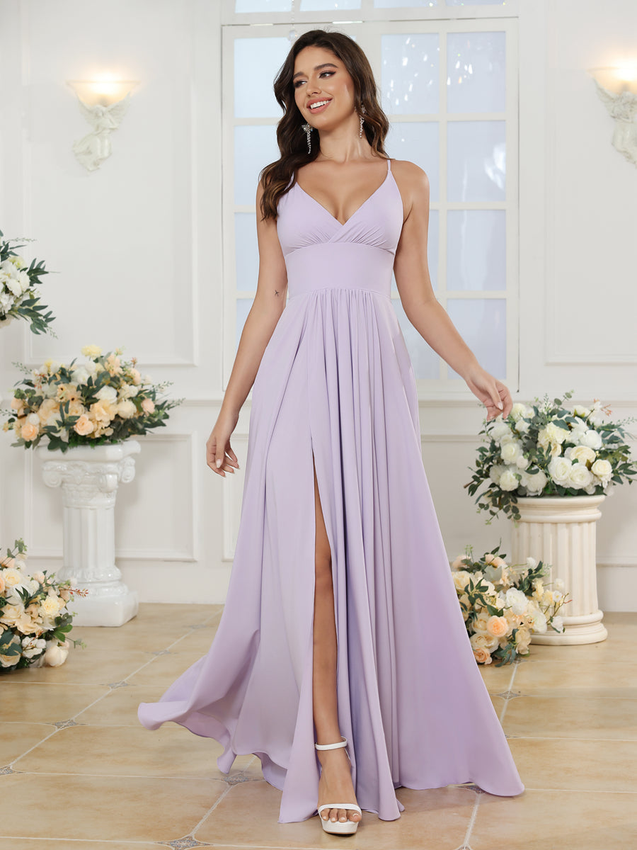 A-Line/Princess Spaghetti Straps Long Wedding Party Dresses with Split Side