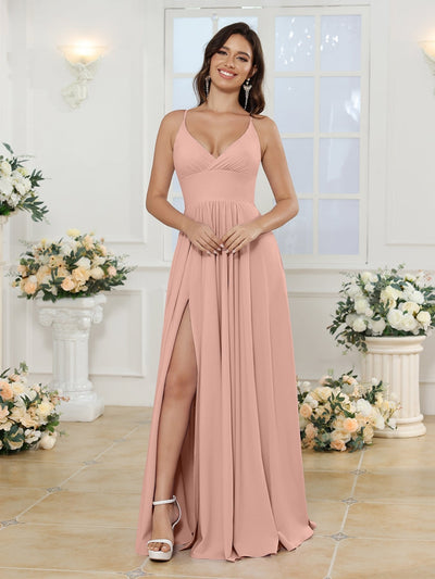 A-Line/Princess Spaghetti Straps Long Wedding Party Dresses with Split Side