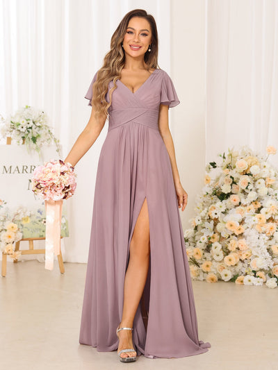 A-Line/Princess V-Neck Short Sleeves Long Bridesmaid Dresses with Split Side