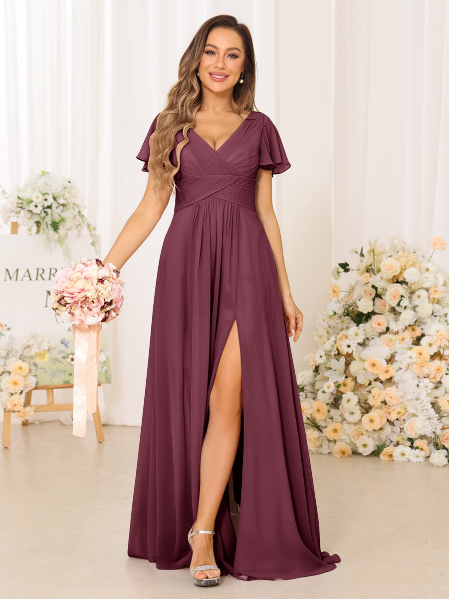 A-Line/Princess V-Neck Short Sleeves Long Bridesmaid Dresses with Split Side