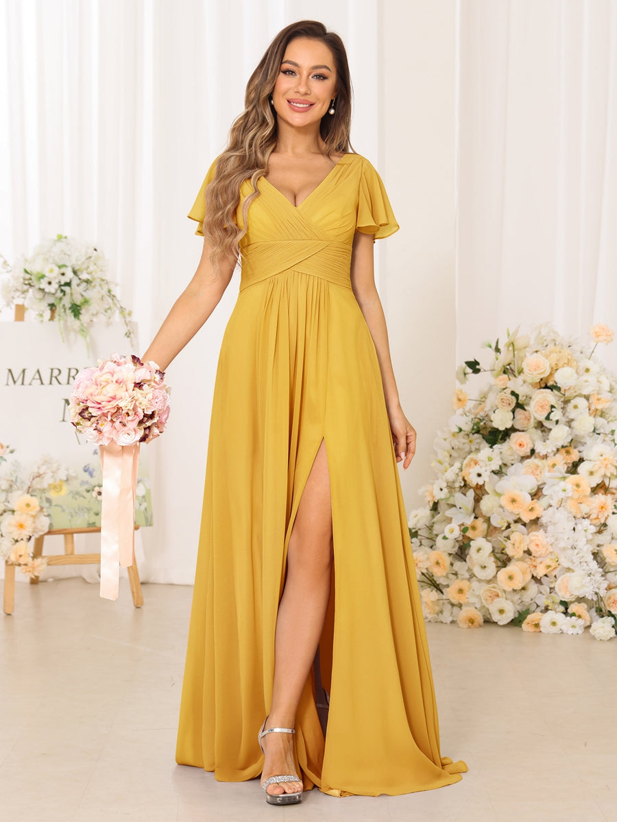 A-Line/Princess V-Neck Short Sleeves Long Bridesmaid Dresses with Split Side