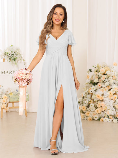 A-Line/Princess V-Neck Short Sleeves Long Bridesmaid Dresses with Split Side