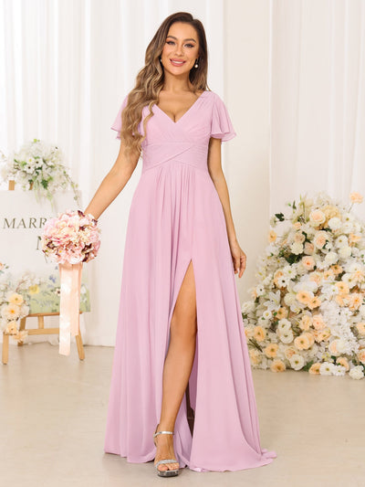 A-Line/Princess V-Neck Short Sleeves Long Bridesmaid Dresses with Split Side