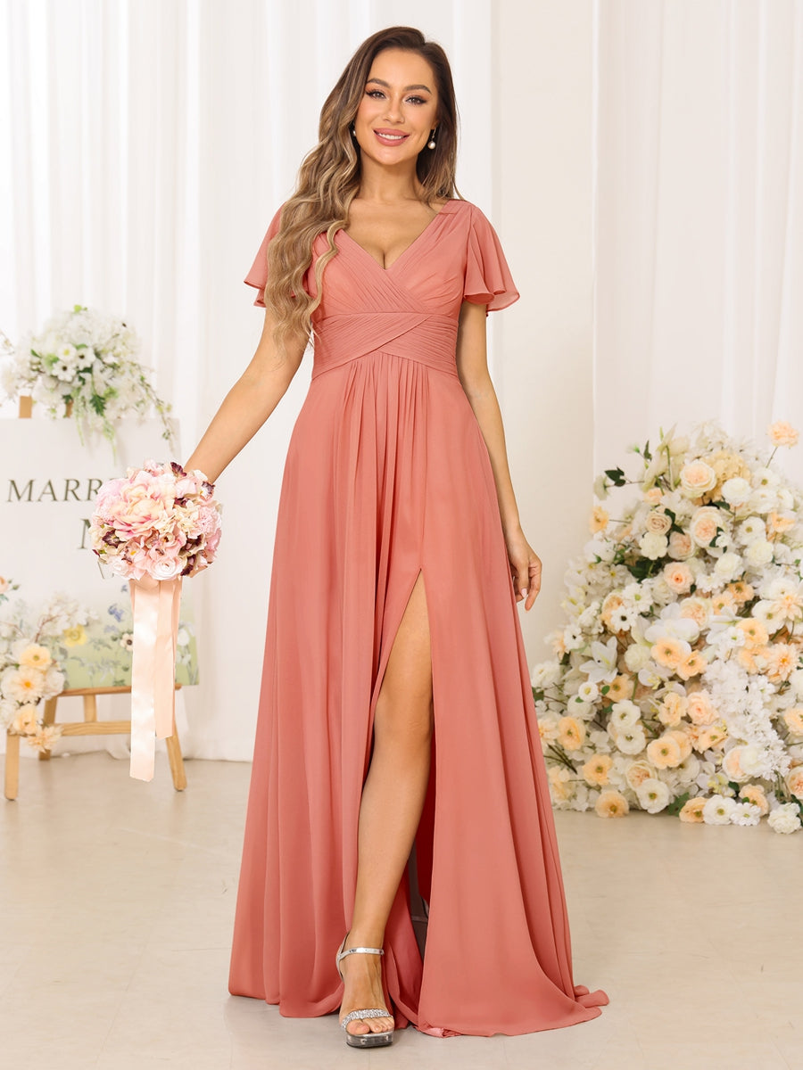 A-Line/Princess V-Neck Short Sleeves Long Bridesmaid Dresses with Split Side