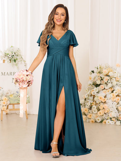 A-Line/Princess V-Neck Short Sleeves Long Bridesmaid Dresses with Split Side