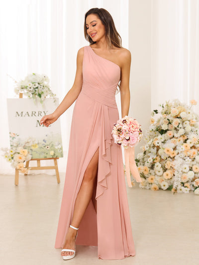 A-Line/Princess One-Shoulder Long Bridesmaid Dresses with Split Side