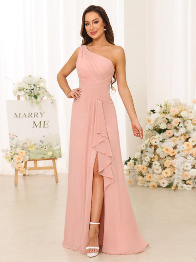 A-Line/Princess One-Shoulder Long Bridesmaid Dresses with Split Side