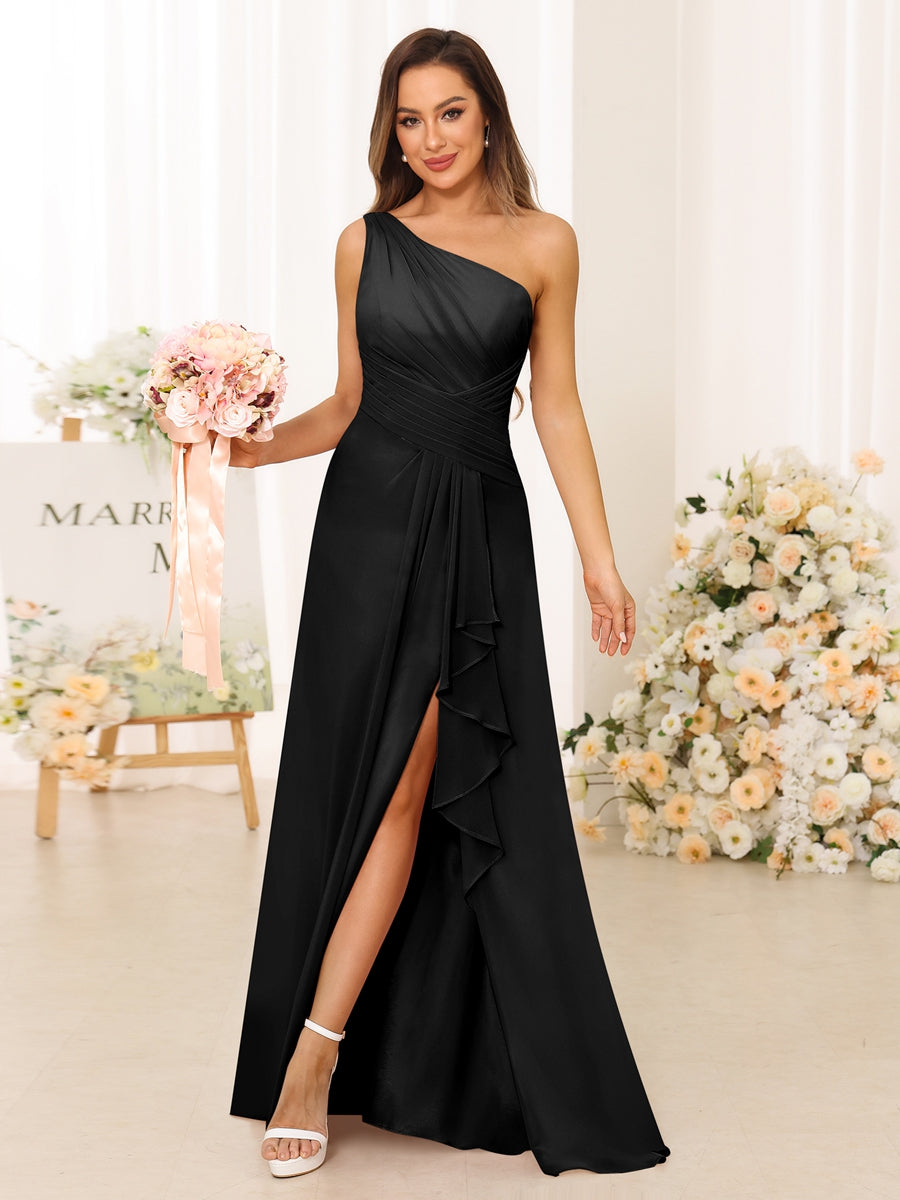 A-Line/Princess One-Shoulder Long Bridesmaid Dresses with Split Side