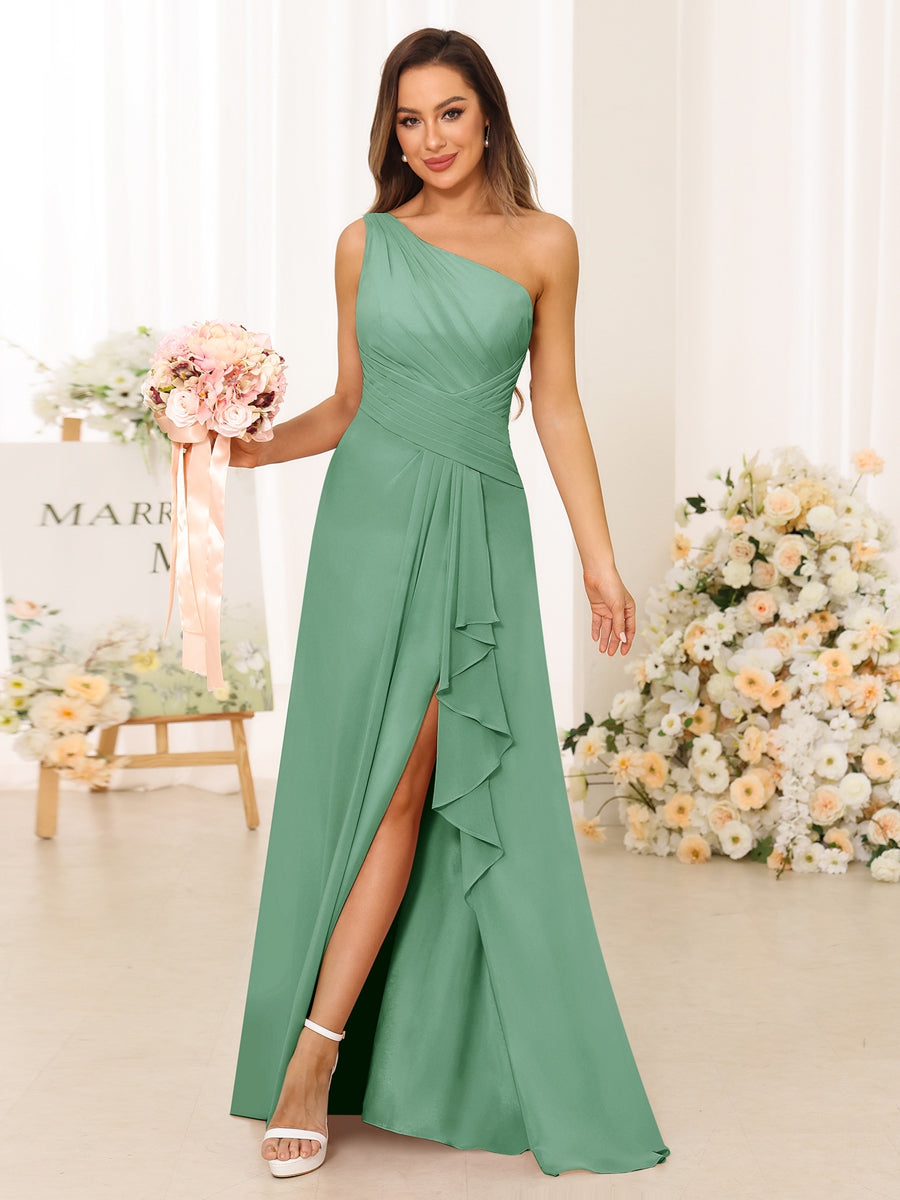 A-Line/Princess One-Shoulder Long Bridesmaid Dresses with Split Side